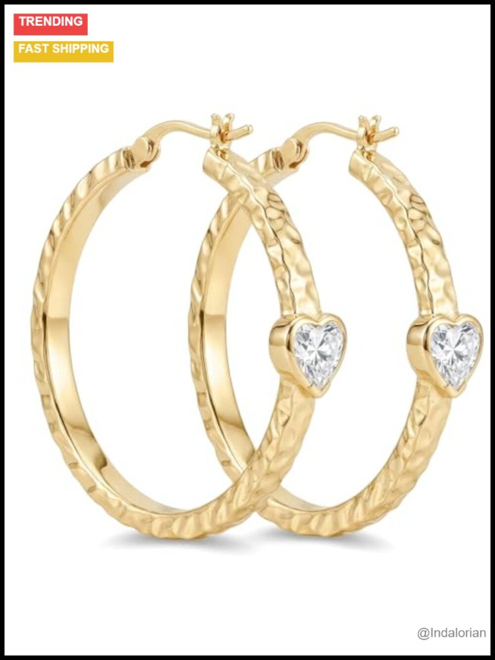 14k Gold Plated Hoop Earrings Heart Cubic Zirconia Textured Women